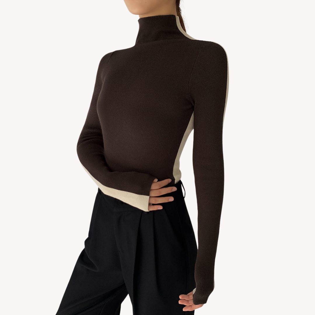 Elarova | Zweifarbiges Rollkragen-Strickoberteil für Damen