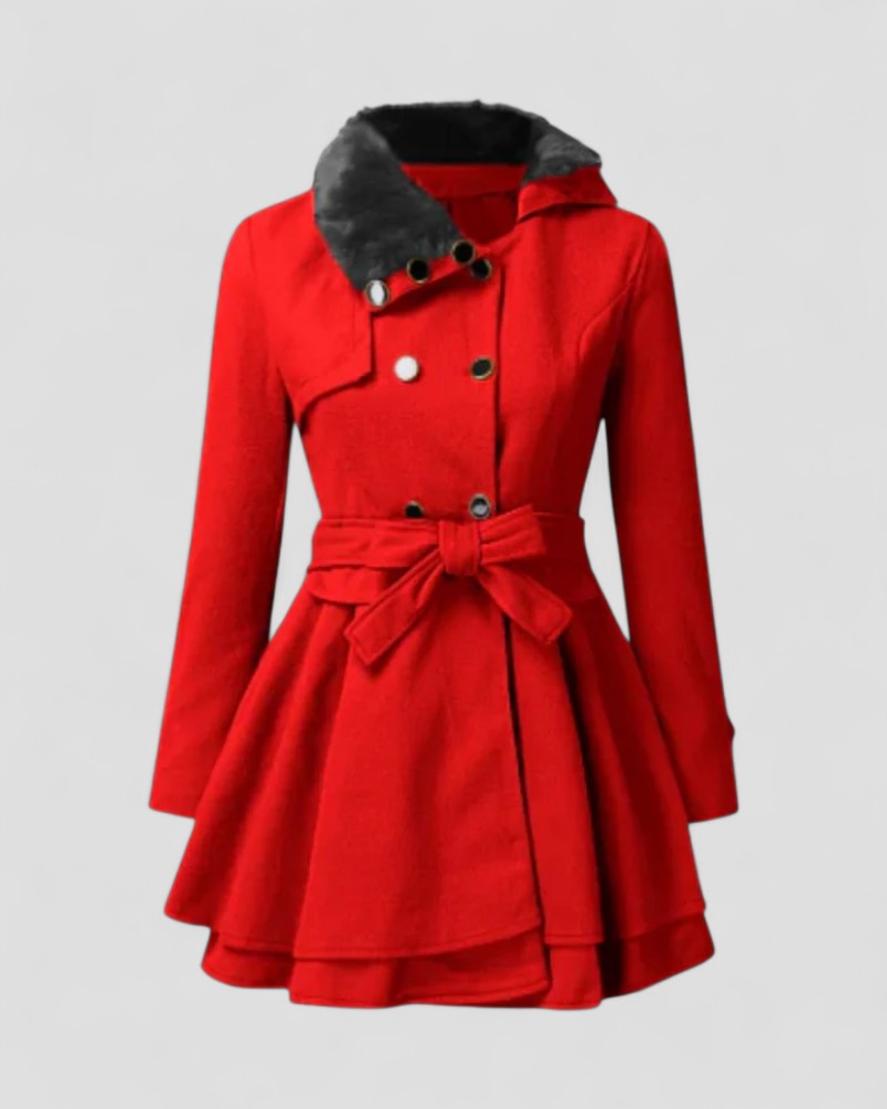 Elarova | Zweireihiger Wintermantel mit Gürtel und Pelzkragen
