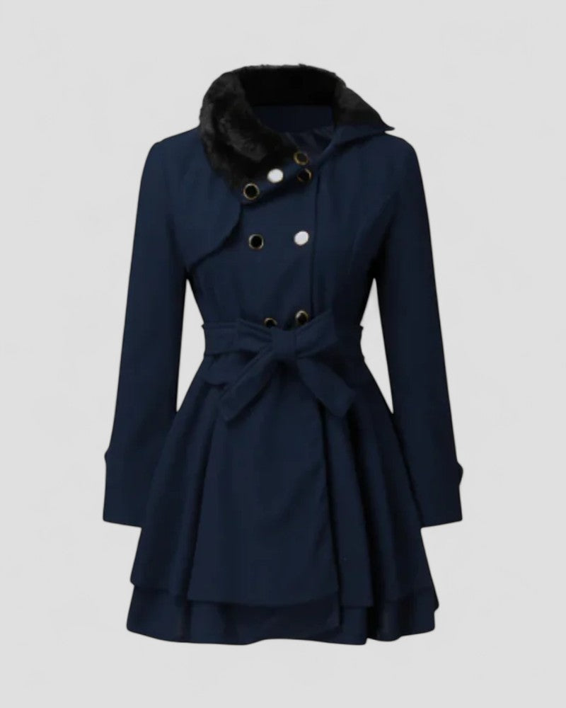 Elarova | Zweireihiger Wintermantel mit Gürtel und Pelzkragen