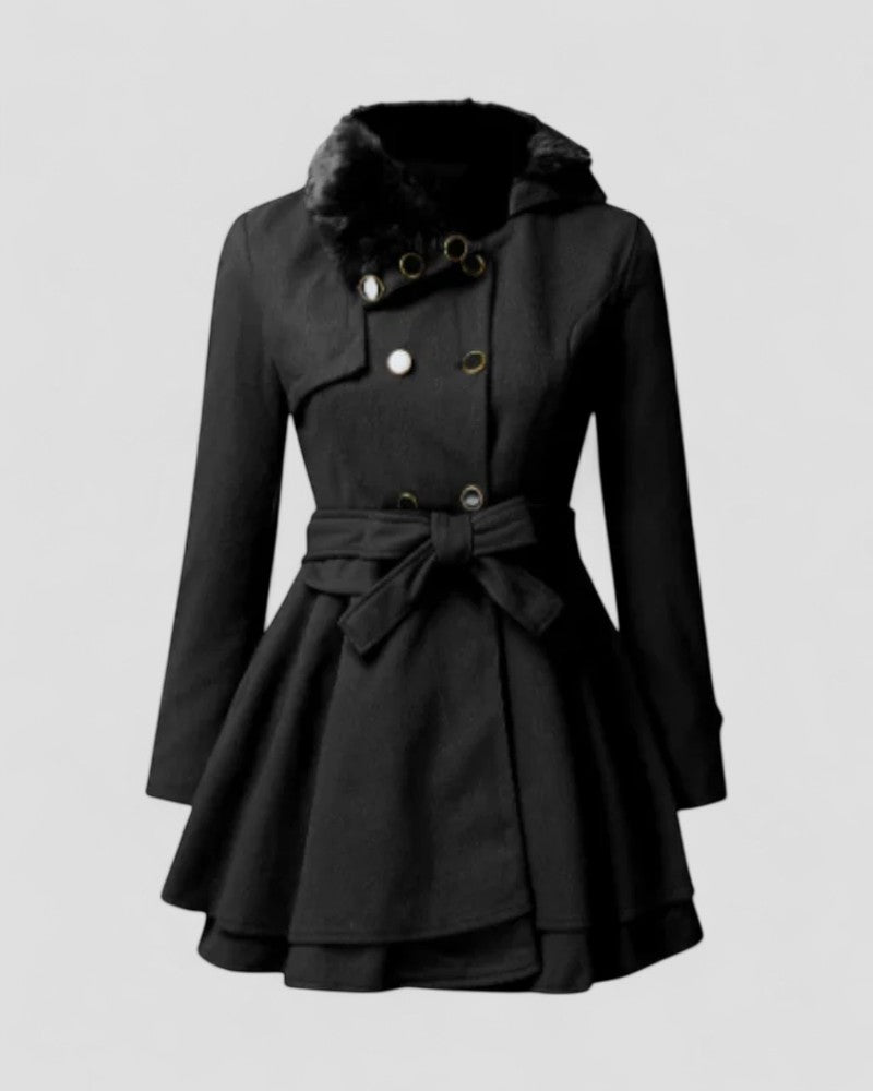 Elarova | Zweireihiger Wintermantel mit Gürtel und Pelzkragen