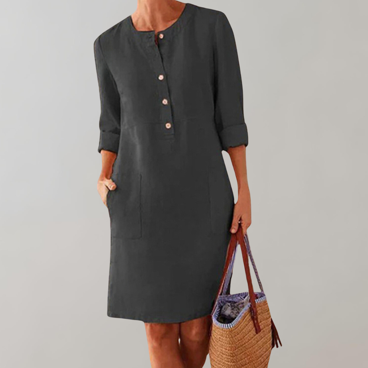 Elarova | bequemes Hemdkleid Damen | Button-Down-Front-Damenkleid | Zeitloses Kleid mit Dreiviertelärmeln