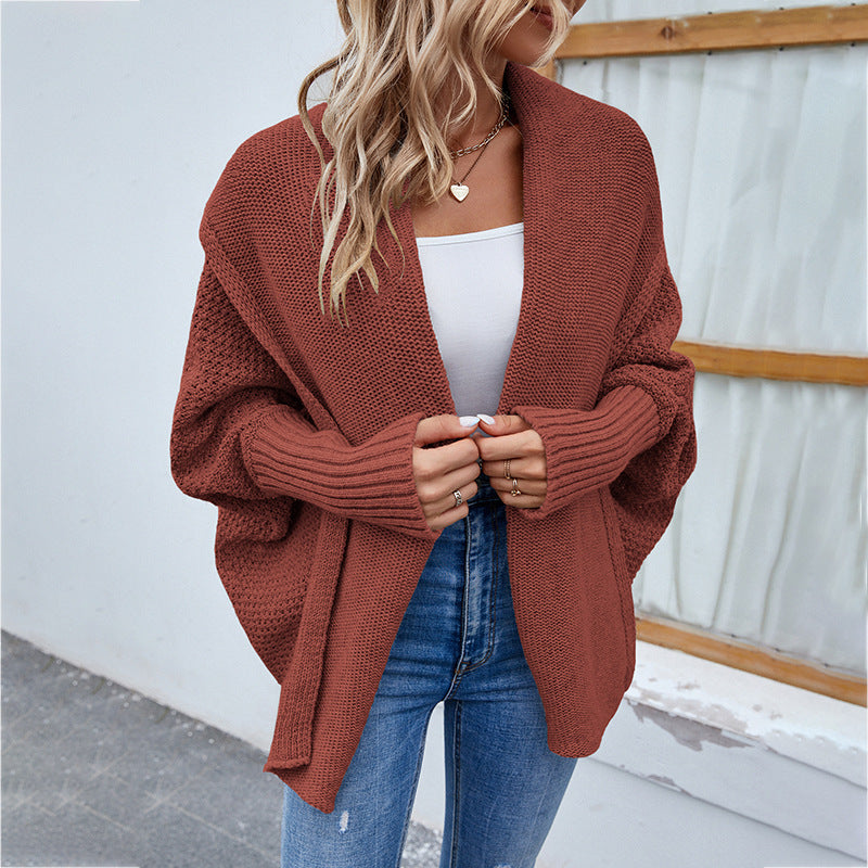 Elarova | gestrickte Damenjacke lockere Passform mit großem Kragen und Fledermausärmeln