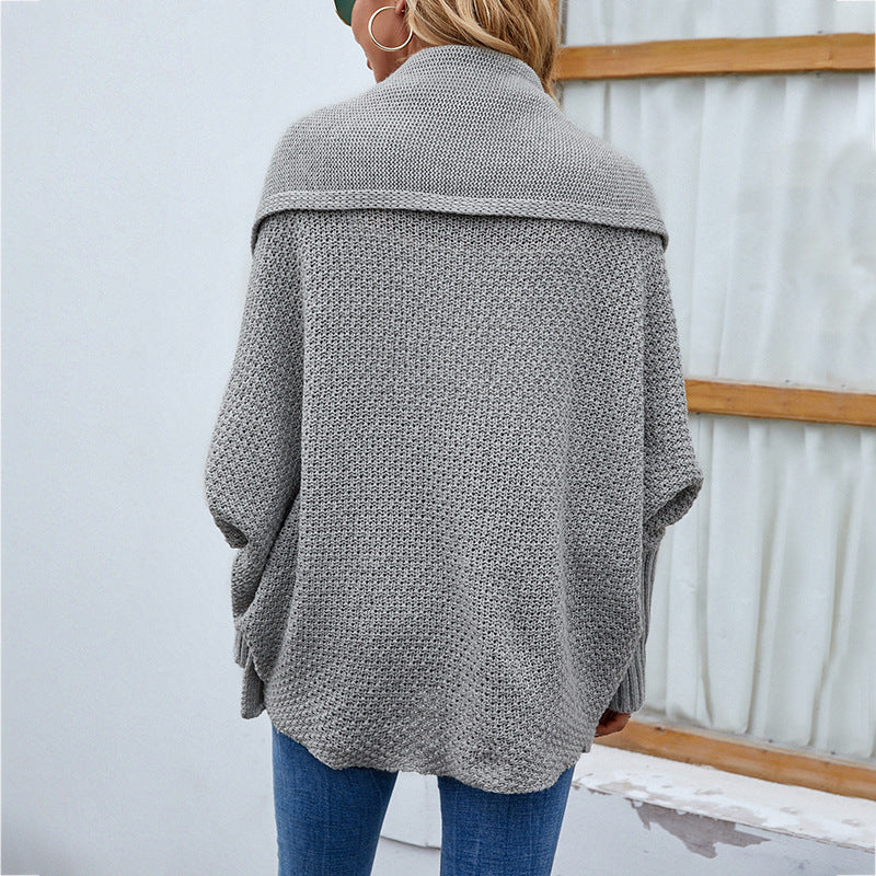 Elarova | gestrickte Damenjacke lockere Passform mit großem Kragen und Fledermausärmeln