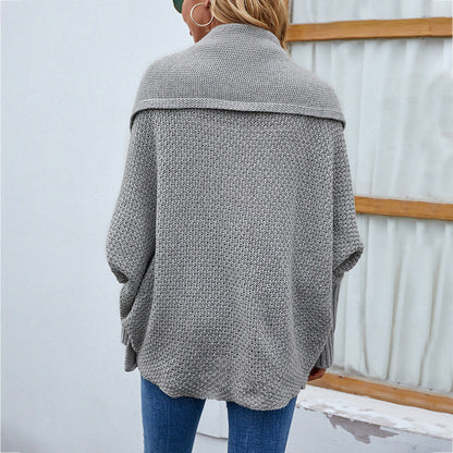 Elarova | gestrickte Damenjacke lockere Passform mit großem Kragen und Fledermausärmeln