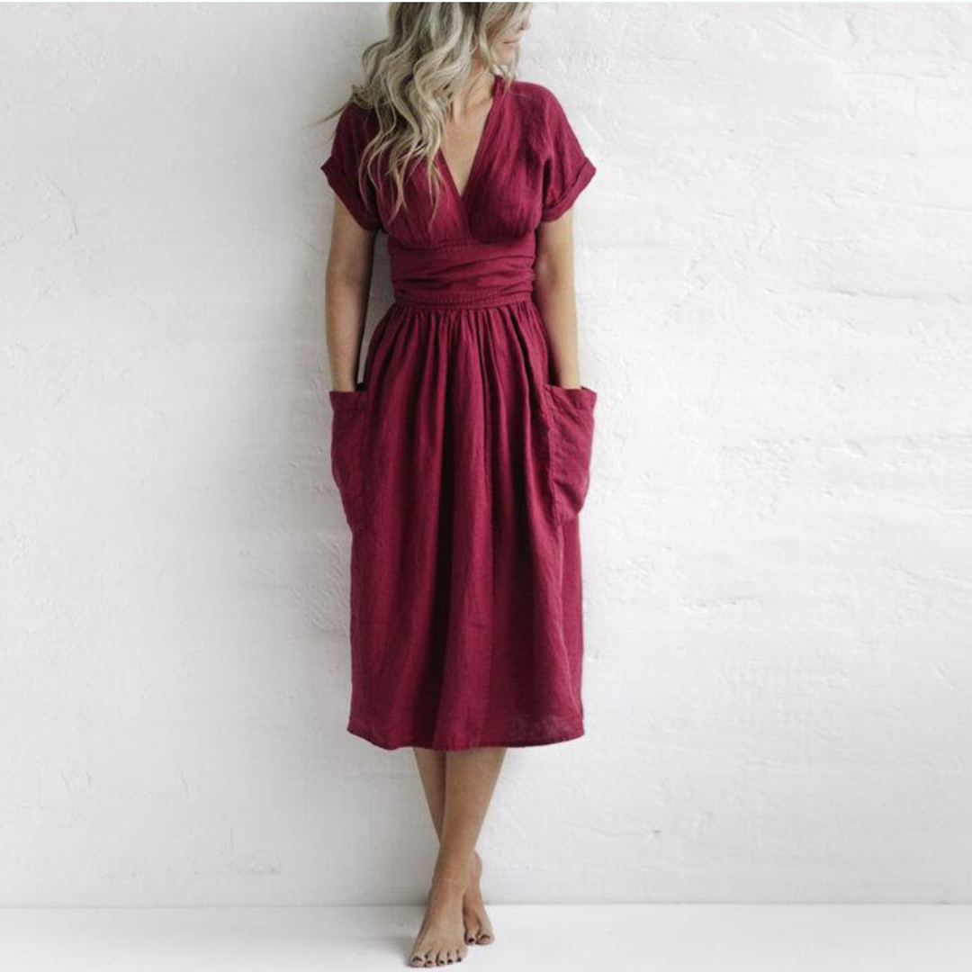 Elarova rotes Midikleid mit V-Ausschnitt