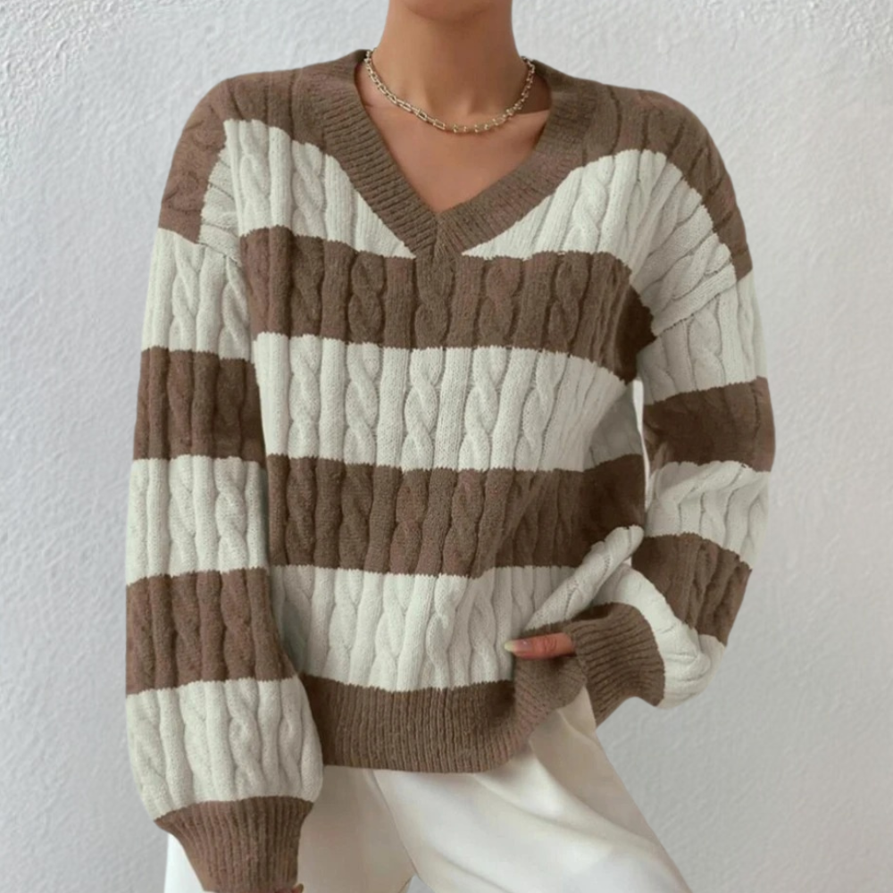 Eleganter Damenpullover mit V-Ausschnitt und Streifen von Yamina