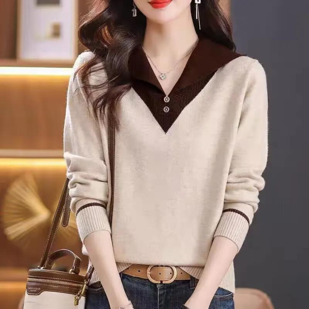 Elegantes Damen-Patchwork-Pullover mit V-Ausschnitt