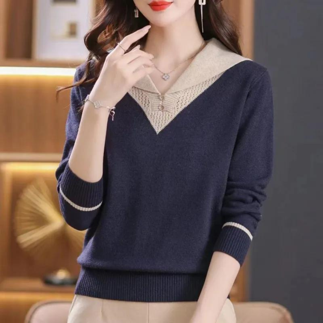 Elegantes Damen-Patchwork-Pullover mit V-Ausschnitt