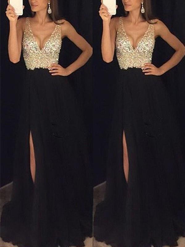 Fließendes Elarova Maxikleid mit seitlichem Pailletten-Schlitz und V-Ausschnitt