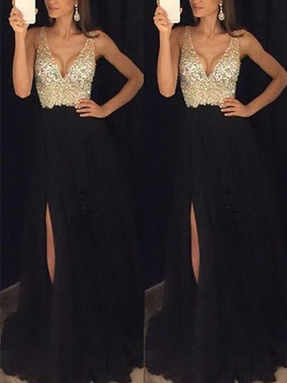Fließendes Elarova Maxikleid mit seitlichem Pailletten-Schlitz und V-Ausschnitt