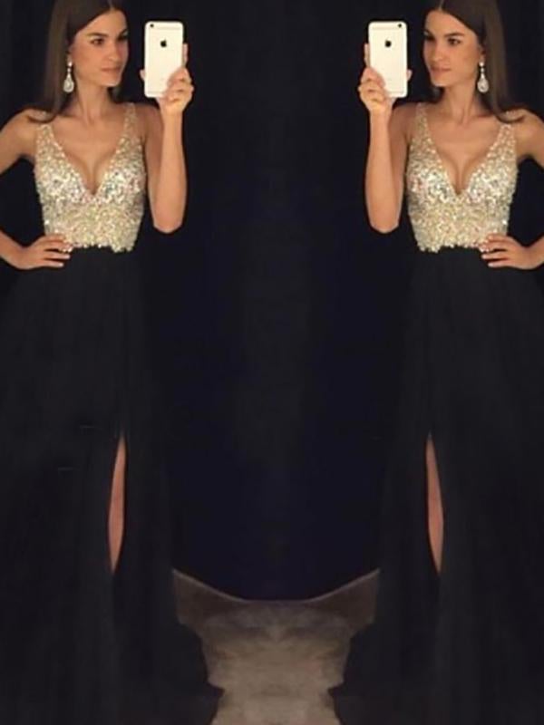 Fließendes Elarova Maxikleid mit seitlichem Pailletten-Schlitz und V-Ausschnitt