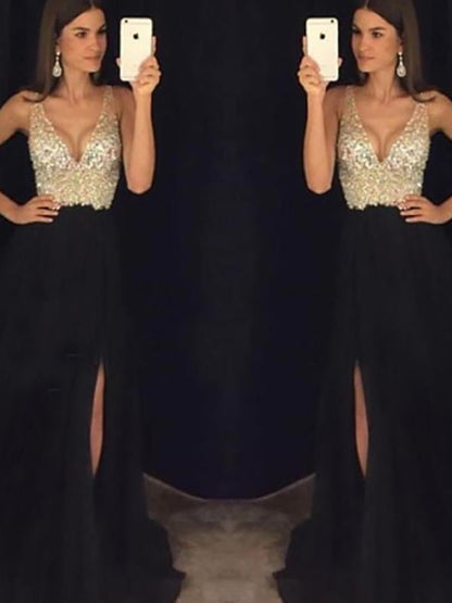Fließendes Elarova Maxikleid mit seitlichem Pailletten-Schlitz und V-Ausschnitt