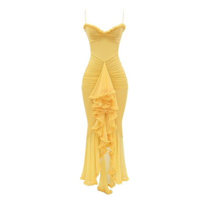 Gelbes, gerafftes Damen-Midikleid für den Sommer (Beth)