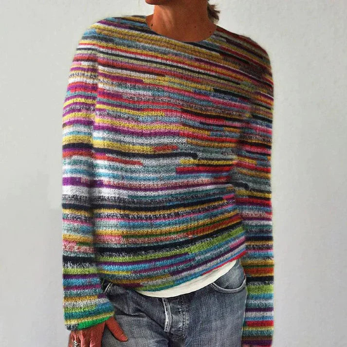 Grobstrickpullover Damen Gestreift | Langer Pullover mit Rundhalsausschnitt