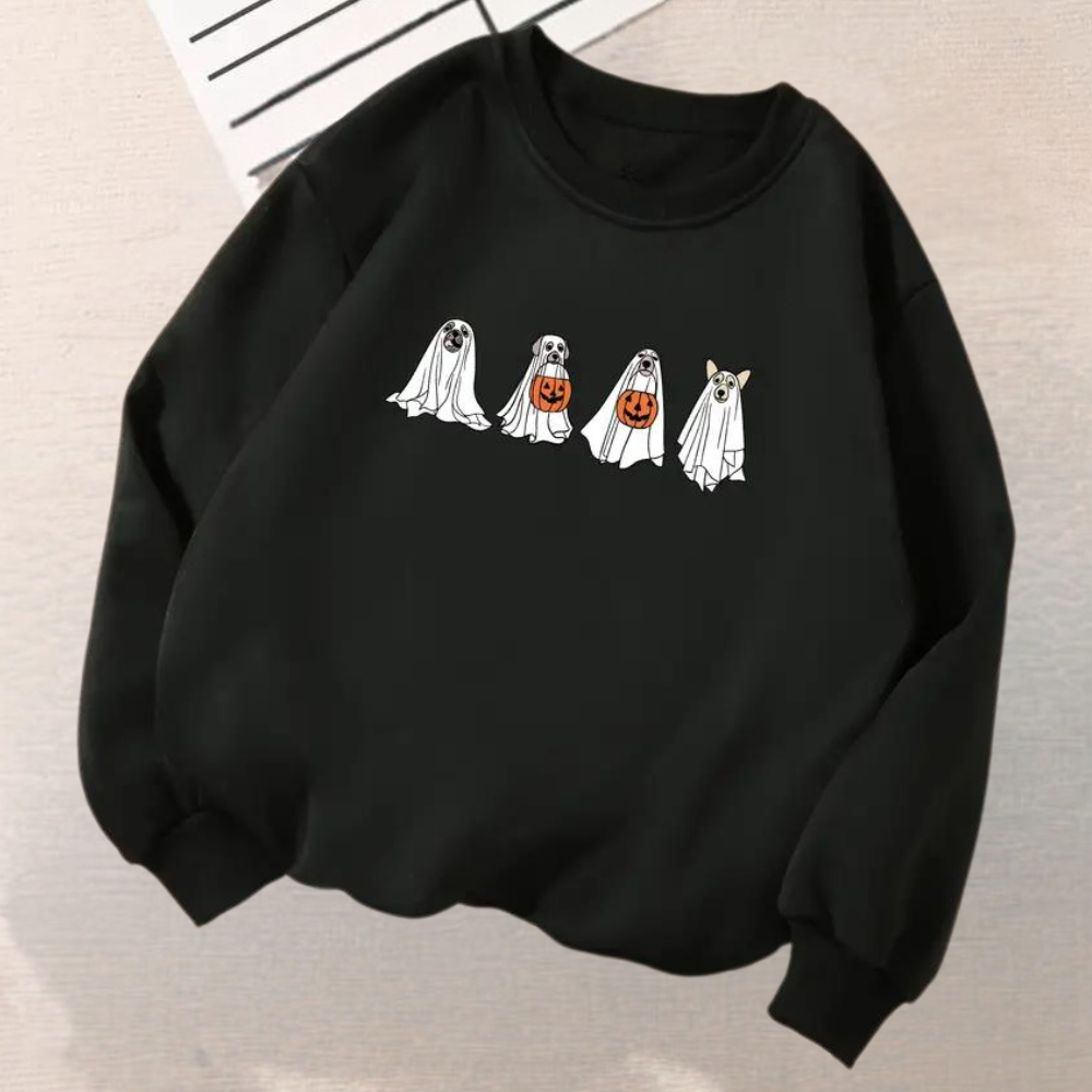 Halloween-Sweatshirt für Damen mit schaurigem Hundemotivin Kinga-Design