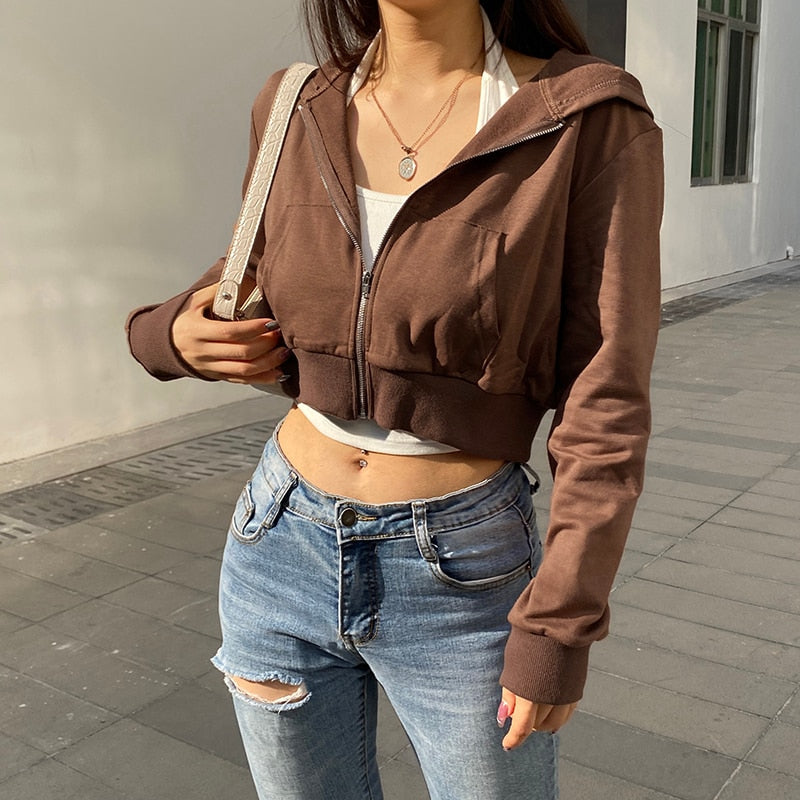 Damen Hoodie Kapuze Figurbetont Cropped Sportlich