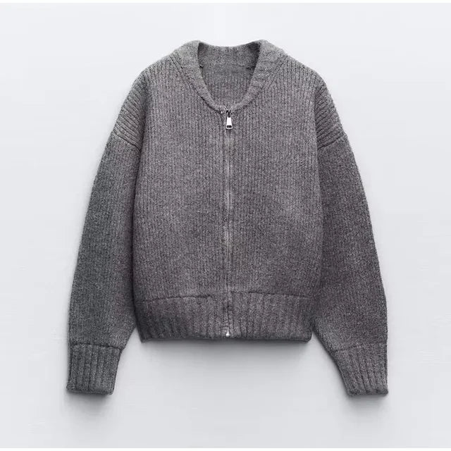 Helene: Grauer Rundhals-Strickpullover, Damenjacke, modisch