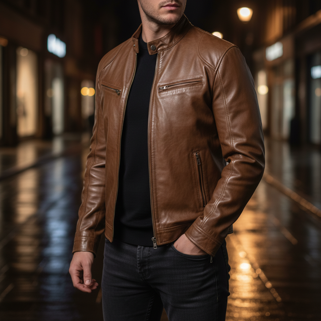 Lederjacke Herren Slim Fit Schnitt Schwarz - Elarova