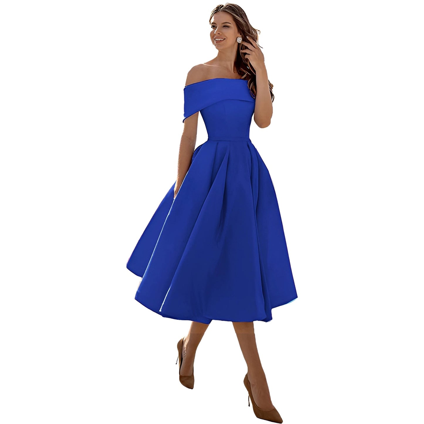 Himmelblaues Satin Off-Shoulder Kleid von Elarova