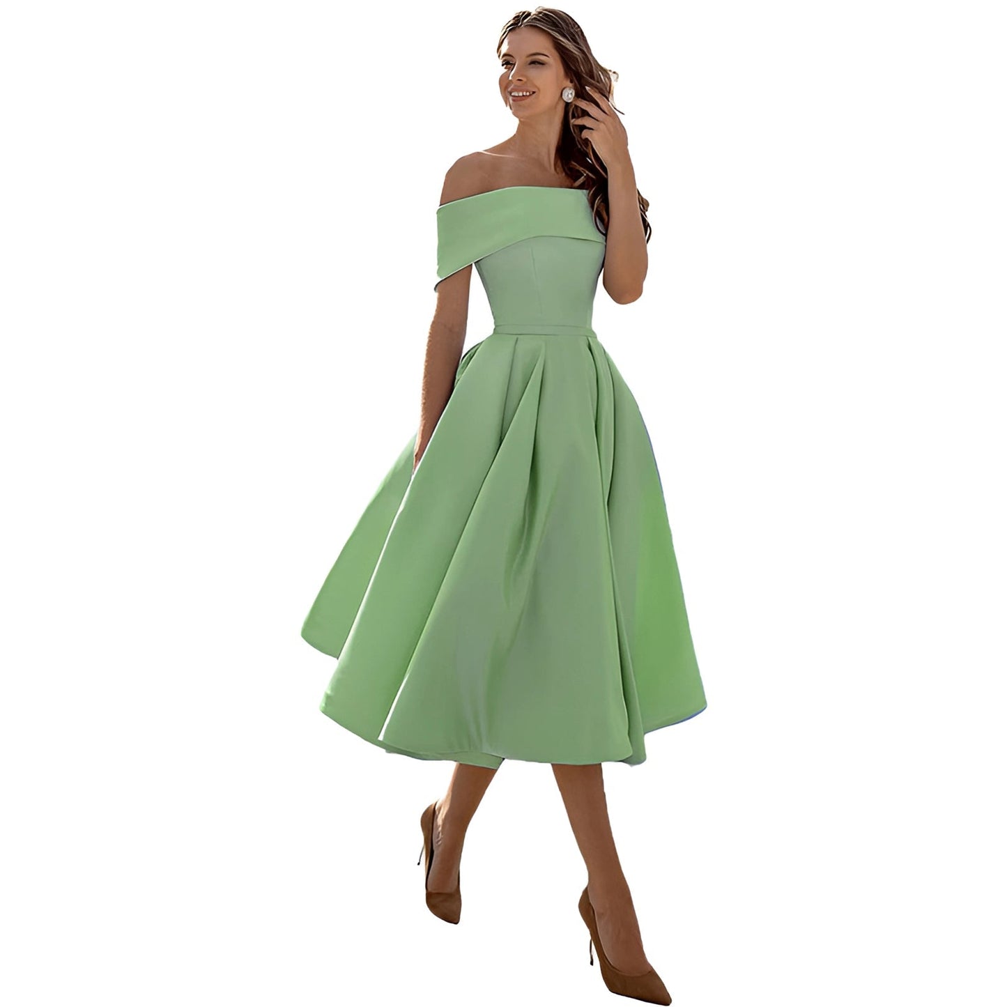 Himmelblaues Satin Off-Shoulder Kleid von Elarova
