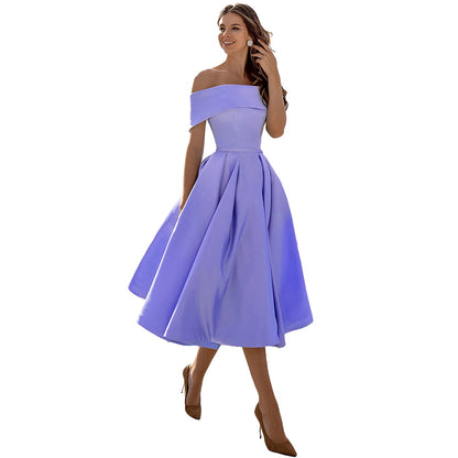 Himmelblaues Satin Off-Shoulder Kleid von Elarova