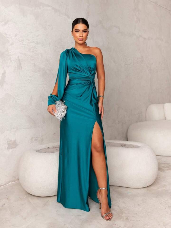 Elegantes Ein-Schulter Abendkleid Schwarz - Elarova