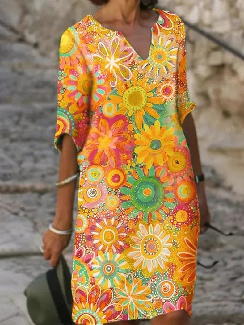 Jolanda-Kleid: V-Ausschnitt, Blumenmuster
