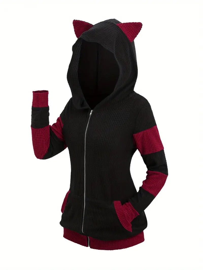 Keyviah Plus Size Zip-Up Cat Ear Hooded Jacket, Cute Color Block Long Sleeves