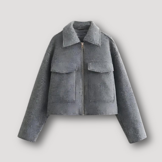 Kurze graue Damenjacke aus Wollstoff mit klassischem Kragen von Bastian