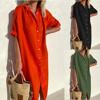 Langes Elarova Kleid aus Baumwolle und Leinen mit Taschen