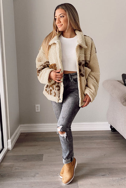 Elarova |  Leopard Patchwork Snap Buttons Sherpa Jacke