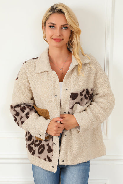Elarova |  Leopard Patchwork Snap Buttons Sherpa Jacke