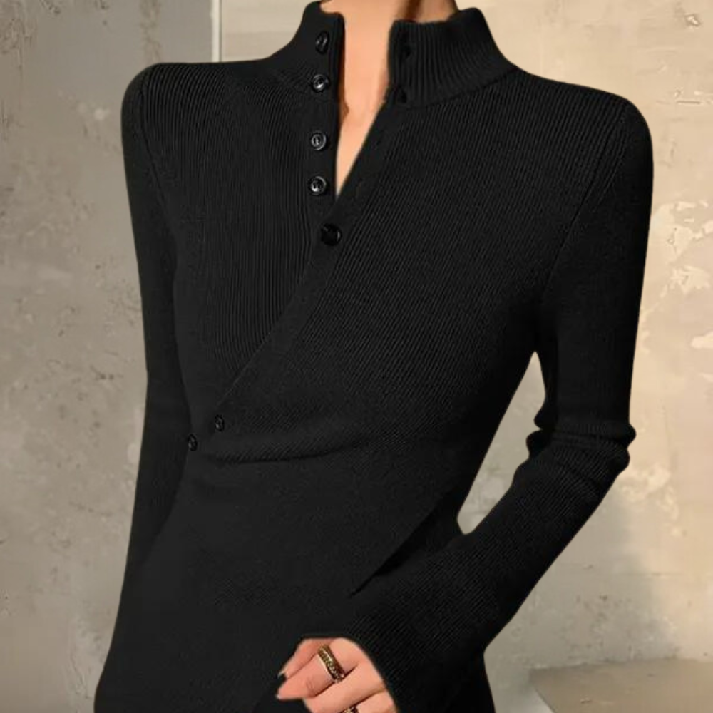 Luxus-Wollpullover Rudolfa für Damen mit hohem Kragen und Wickeloptik