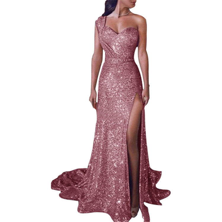 Lydia: Ärmelloses One-Shoulder-Kleid mit Bronzing-Effekt und Beinschlitz