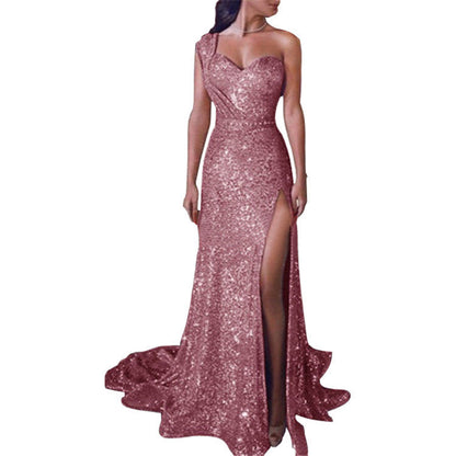 Lydia: Ärmelloses One-Shoulder-Kleid mit Bronzing-Effekt und Beinschlitz
