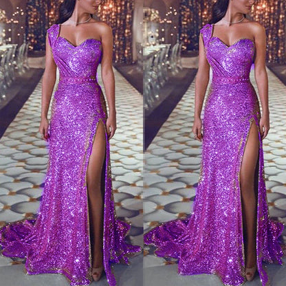 Lydia: Ärmelloses One-Shoulder-Kleid mit Bronzing-Effekt und Beinschlitz