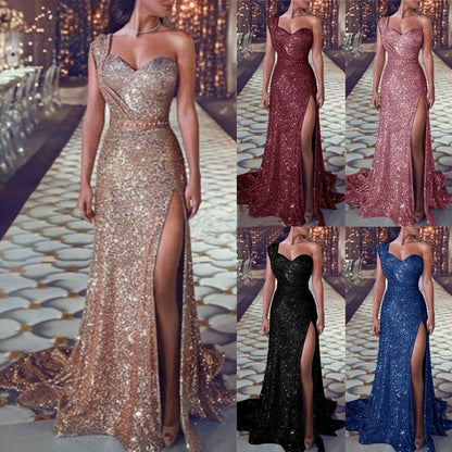 Lydia: Ärmelloses One-Shoulder-Kleid mit Bronzing-Effekt und Beinschlitz