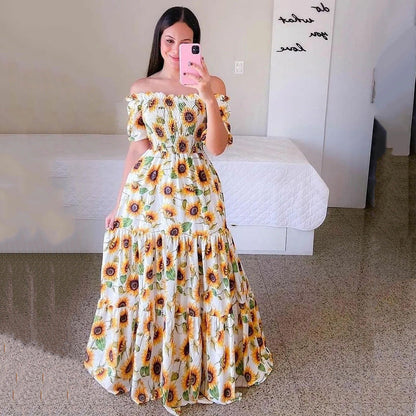 Maxikleid Heidi: Damen-Off-Shoulder-Kleid mit Blumenmuster