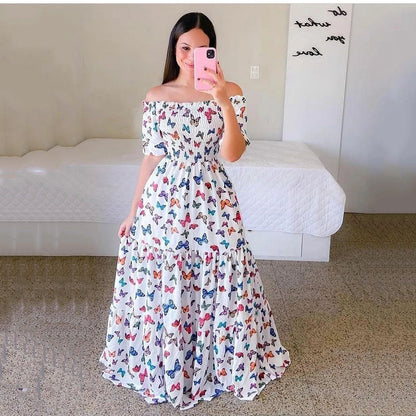 Maxikleid Heidi: Damen-Off-Shoulder-Kleid mit Blumenmuster