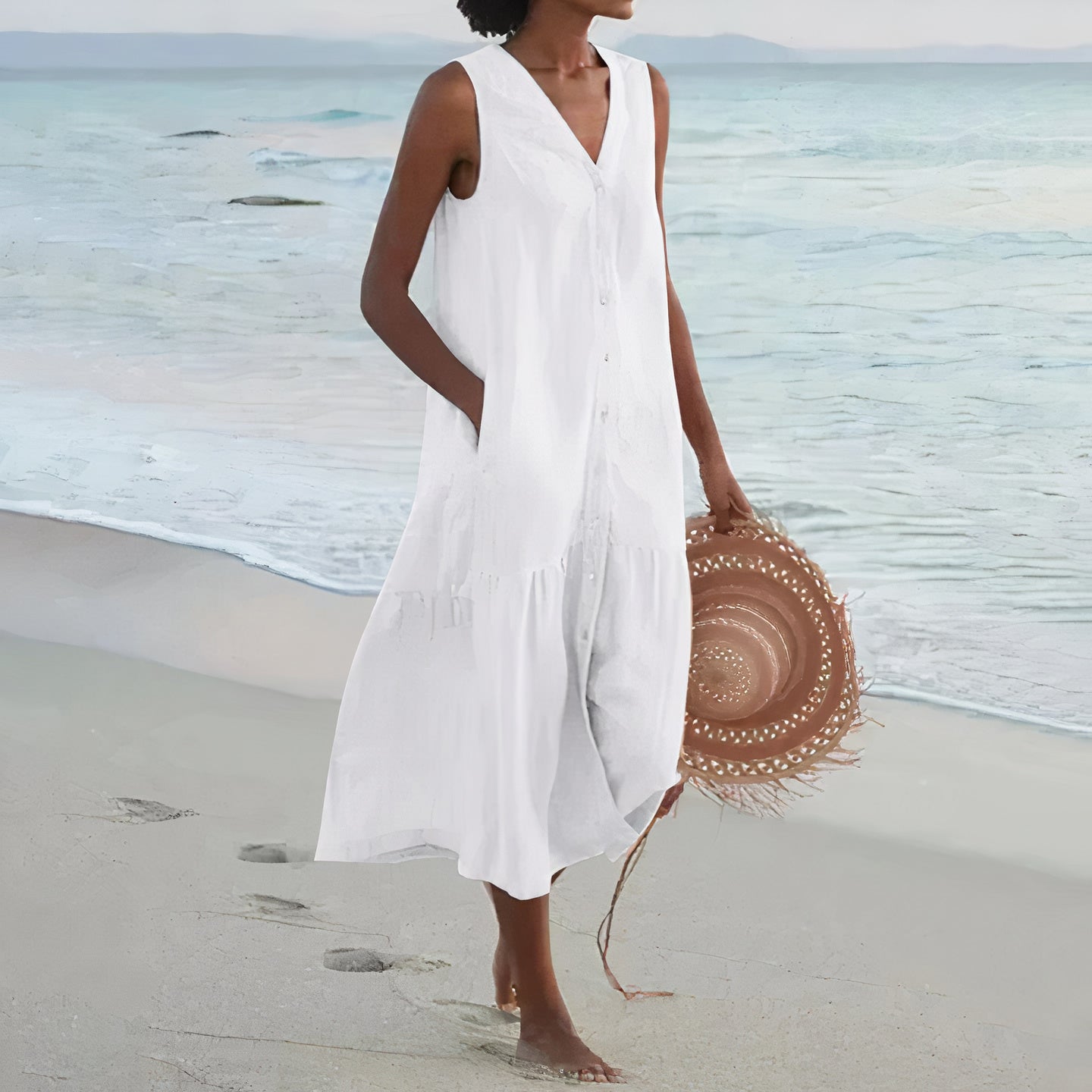 Modernes, ärmelloses Leinen-Midikleid für Damen