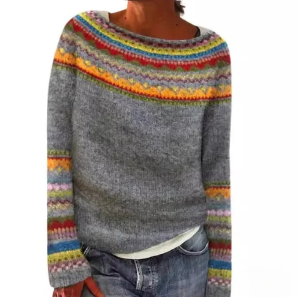 Norweger Grobstrickpullover Damen | Muster Rundhals Langarm