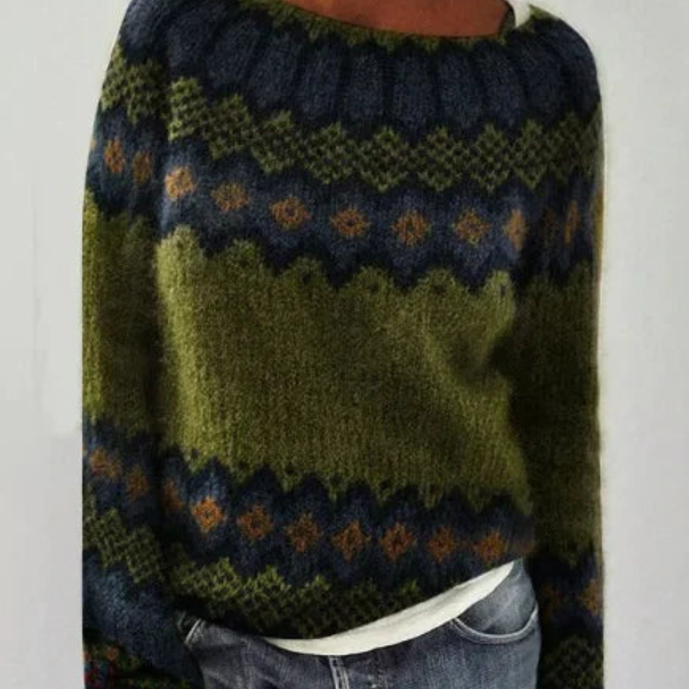 Norweger Grobstrickpullover Damen | Muster Rundhals Langarm