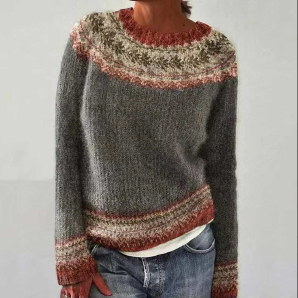 Norweger Grobstrickpullover Damen | Muster Rundhals Langarm