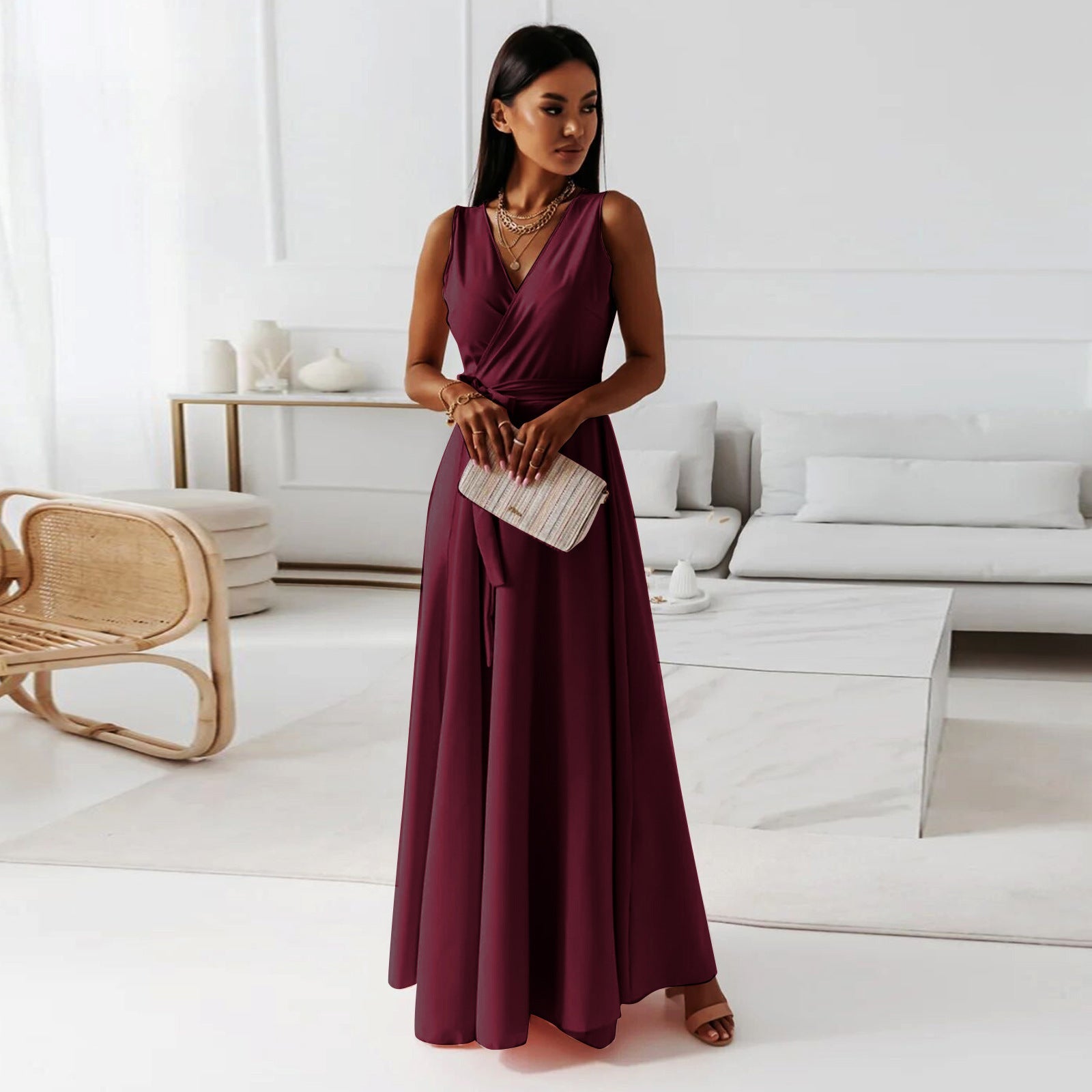W&W™ – Damen Abendkleid mit V-Ausschnitt Elegantes Dunkelgrün Maxi-Design-3