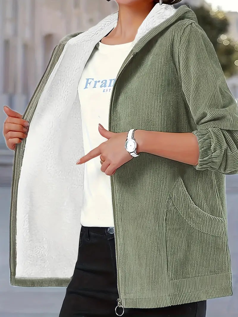 Oversized Solid Hooded Zip-Up Jacket, Casual Warm