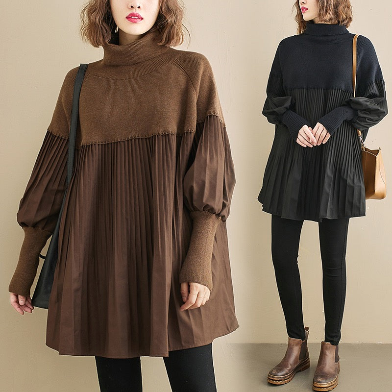 Oversized, solid-color knit dress with lantern sleeves