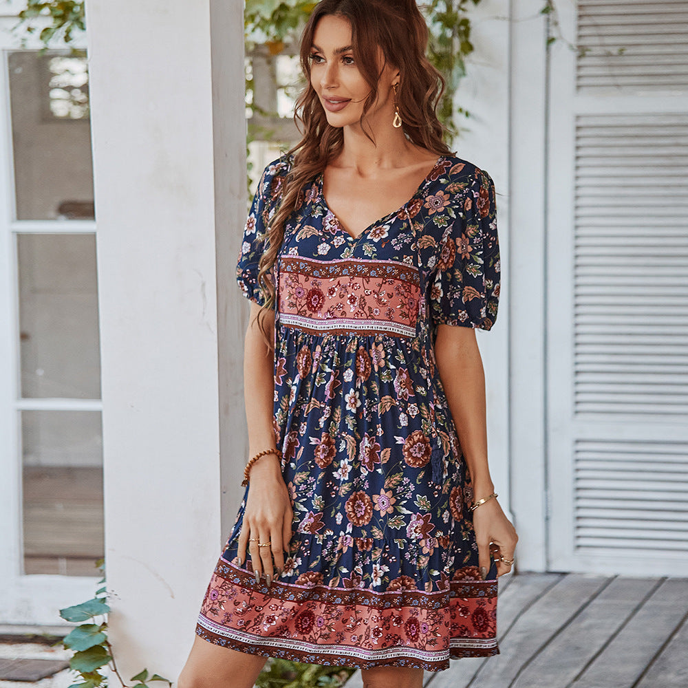 Puffine™ – Damen Kleid A-Line V-Ausschnitt mit Geschwollenen Ärmeln