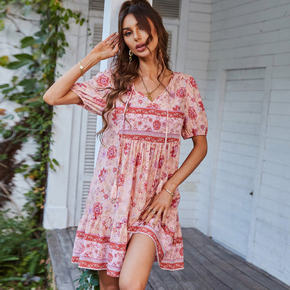Puffine™ – Damen Kleid A-Line V-Ausschnitt mit Geschwollenen Ärmeln