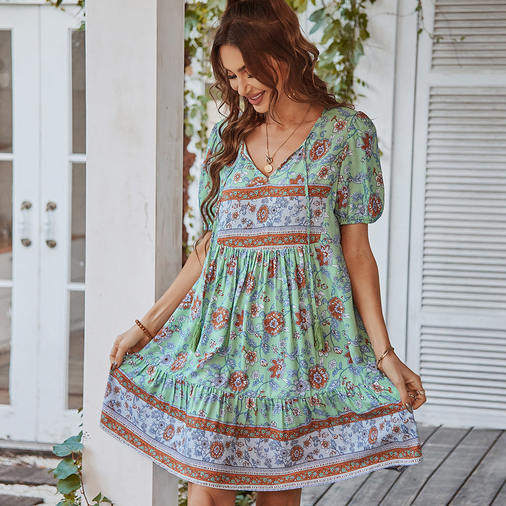 Puffine™ – Damen Kleid A-Line V-Ausschnitt mit Geschwollenen Ärmeln