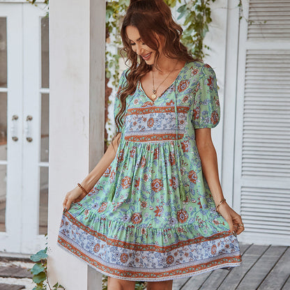 Puffine™ – Damen Kleid A-Line V-Ausschnitt mit Geschwollenen Ärmeln